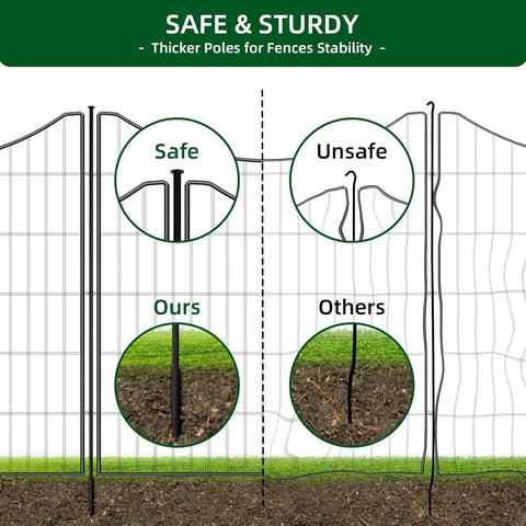 18 Panel No Dig Decorative Fence With Gate For Outdoor Yard And Patio, 33 Inches High, 40.5 Feet Long, Rustproof Metal Wire Edging Garden Barrier, Portable Temporary Dog Fencing For Pets showcasing thicker poles for stability.