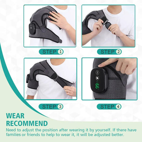 Cozy Heated Shoulder Wrap Massager For Men And Women With Cordless Design And 3 Heating Settings shown in use, step by step