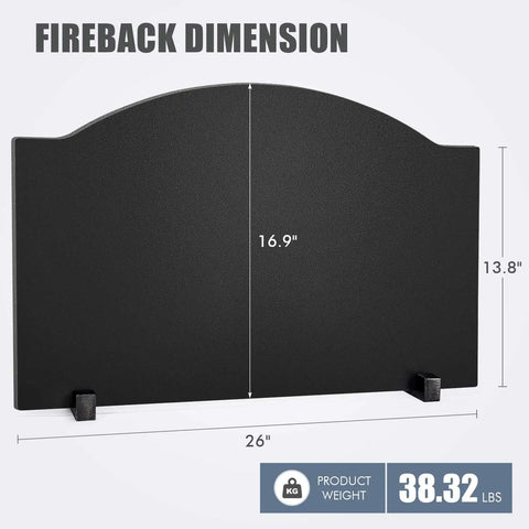26 Inch Iron Fireback With Feet For Fireplace Wall Protection And Heat Reflection, Matte Black 8mm Thick Fireback