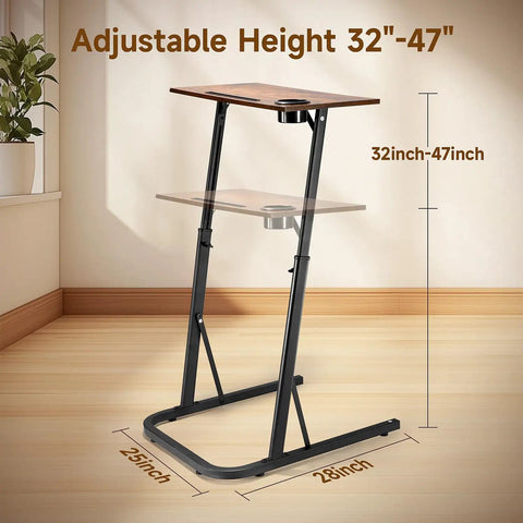 Image of adjustable standing desk for treadmills and bike workouts with dimensions, adjustable height 32"-47", stable space saving design.