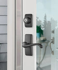 Storm Door Lever With Keyed Deadbolt Lock In Matte Black 4 Piece Replacement Set For Storm And Screen Doors on white door