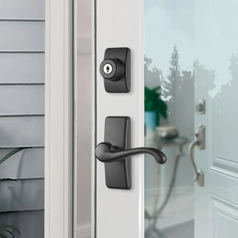 Storm Door Lever With Keyed Deadbolt Lock In Matte Black 4 Piece Replacement Set For Storm And Screen Doors on white door