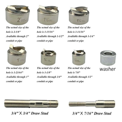 Complete set of dies and draw studs for Beefy 120KN Hydraulic Knockout Hole Punch Driver Kit with slug splitting dies.