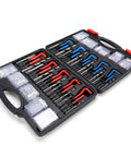 Open case of Helicoid Thread Repair Kit Pro Grade 261-Piece Set with 220 Inserts for M5-M12 and SAE Sizes, includes tools and hex wrench.