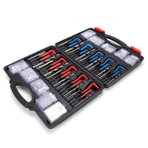 Open case of Helicoid Thread Repair Kit Pro Grade 261-Piece Set with 220 Inserts for M5-M12 and SAE Sizes, includes tools and hex wrench.