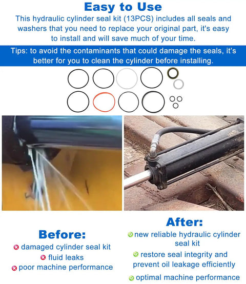 Hydraulic Cylinder Seal Kit For Bush Hog 3.5 Inch Bore 8 Inch Stroke Replacement Part 50017623 showing seals before and after replacement