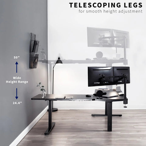 Super Smooth White Corner Standing Desk With Dry Erase Surface L Shaped Sit Stand Workstation 83 By 60 Inches showing telescoping legs for height adjustment.