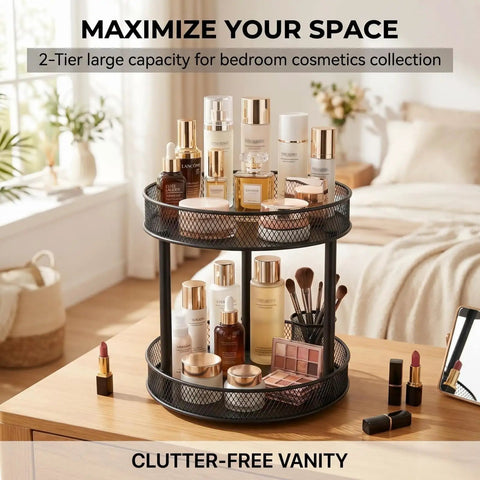 Two Pack Two Tier Lazy Susan Organizer Smooth Rotating Metal Turntable for bedroom cosmetics collection on a table.