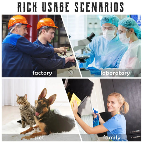 Composite image showing factory workers, laboratory scientists, pets, and a woman cleaning at home, illustrating rich usage scenarios.