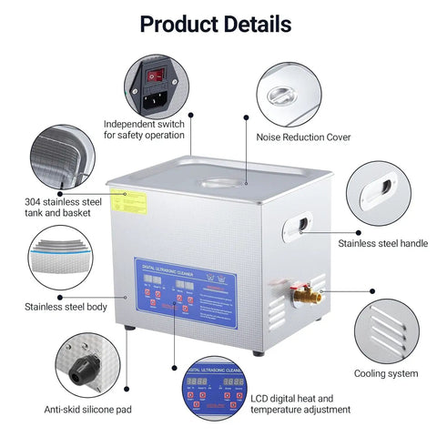 Straight Up Heavy Duty Ultrasonic Cleaner With Heated Tank And Digital Timer features stainless steel body and LCD controls.