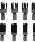 Top Tier 8 Piece Hardwood Plug Cutter Bit Set Features Standard And Four Tooth Chamfered Heads For Smooth Joint Repairs Made From Heavy Duty Carbon Steel.
