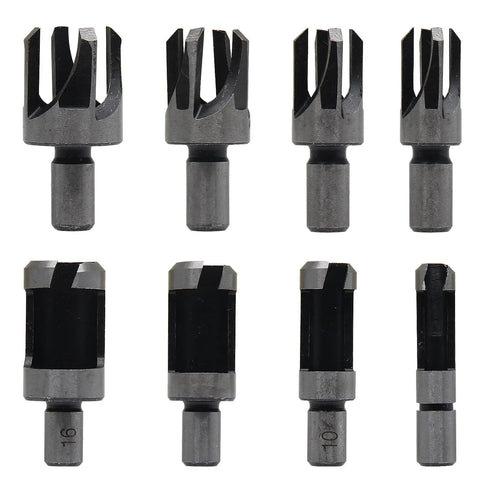 Top Tier 8 Piece Hardwood Plug Cutter Bit Set Features Standard And Four Tooth Chamfered Heads For Smooth Joint Repairs Made From Heavy Duty Carbon Steel.
