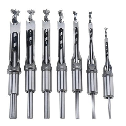 7 Piece Square Hole Mortise Drill Bit Set For Woodworking HSS Mortising Bits With Sizes 6 mm to 9/16 inch displayed on white
