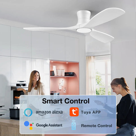 52 Inch Smart Wood Ceiling Fan With Lights Low Profile Flush Mount over modern kitchen with smart control app options