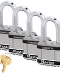 Four Keyed Alike Padlocks With Eight Keys, 2 Inch Shackle, BumpStop Tech For Real Deal Security, stainless steel locks with keys