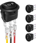 Three Way Round Rocker Switch 12 Volt With On Off On Positions SPDT Circle Toggle For Car Stereo Marine Boat Plug And Play Wiring Kit Wires Included Five Pack Heavy Duty 6A 250V AC And 10A 125V DC, black round switch with wired terminals