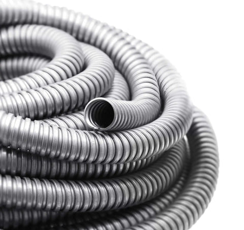 50 Ft Half Inch Reduced Wall Flexible Metal Conduit for outdoor low voltage electrical wiring in galvanized steel, close-up view.