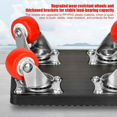Close-up of Heavy Duty Furniture Movers Lifter Set Stackable Low Clearance Glides showing red wheels and metal brackets.