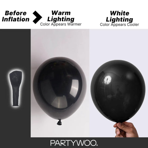 Black Balloons Party Pack 140 Pcs With 18 Inch 12 Inch 10 Inch And 5 Inch Balloons Arch Kit Garland for easy setup, uninflated and inflated balloons in warm and white lighting.