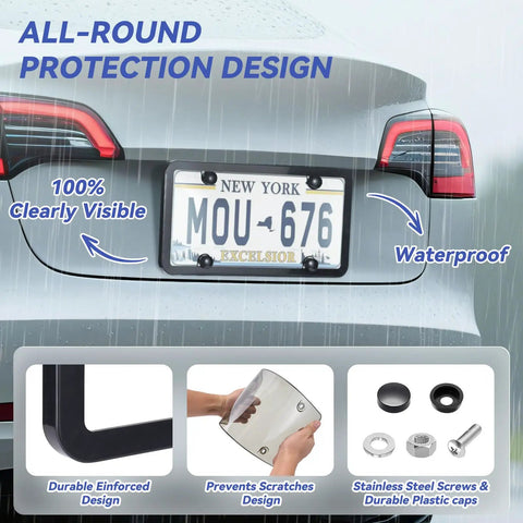 Two Pack License Plate Cover And Frame Set Built From Heavy Duty ABS For All Weather Use Got You Covered With Rust Proof And Corrosion Resistant Car License Plate Protector With Screws And Caps Universal Fit Black installed on a car, highlighting waterproof protection.