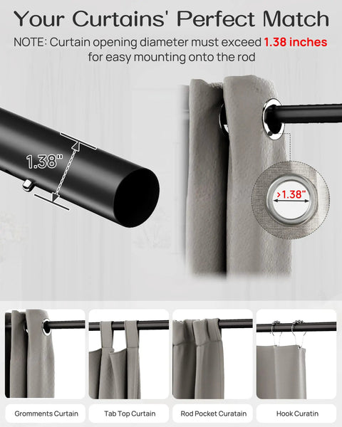 Heavy Duty Tension Curtain Rod For Windows 42 To 123 Inches, Spring Loaded No Drill Install, diameter illustration with curtains