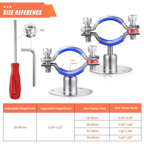 WYSIWYKA 6-pack stainless steel pipe clamps with blue inserts for 38-40mm pipes; front view, wall/ceiling mounting