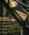 Close-up of electric bike battery with LED light, highlighting 10.4Ah, 36V capacity, and features for city cruising and weekend adventures.