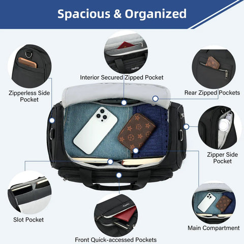 Under Seat Carry On Duffel Bag For Travel Lightweight Weekender Personal Item For Airplanes compartment view with pockets