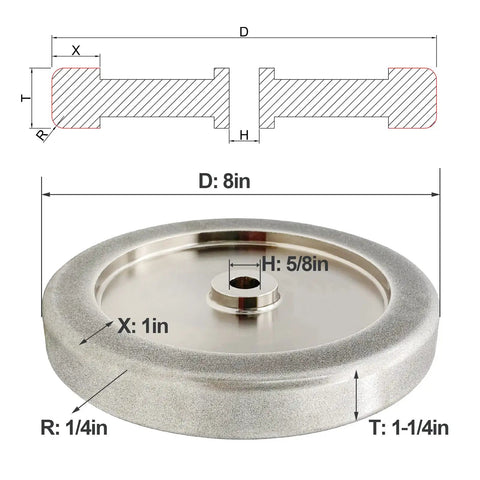 4 In 1 Grinding Wheel Pro Grade For Sharpening Woodturning Tools And High Speed Steel Blades, 8 Inch Diameter, diagram and profile