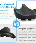 Comparison of oversized bike seat for men and women with extra wide cushion and original saddle, showing improvements in comfort and support.