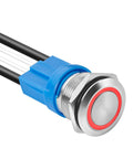 LED Latching Push Button Switch 20A 5-24V Waterproof IP67 Stainless Steel 1NO With Wire Socket Plug 16mm close-up