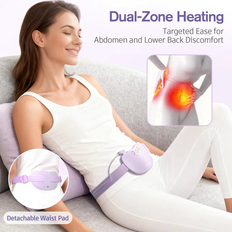 Woman using Portable Belly And Back Heating Pad For Period Cramps, Wearable Cordless Belt With Dual Zone Heat And Vibration