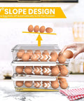 Hand reaching for eggs in a rolling egg tray with lid for fridge, stackable clear egg organizer and dispenser, 3 pack shown in kitchen.