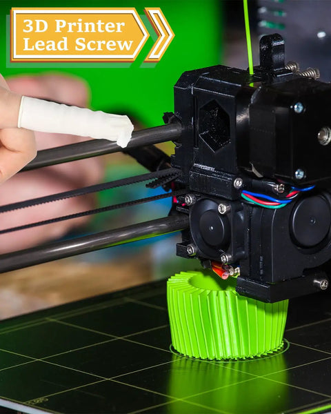 3D Printer White Lithium Grease 50g Lubricant for Lead Screws applied to 3D printer lead screw with green filament, reducing noise.