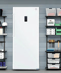 Built Tough 17 Cubic Foot Upright Convertible Fridge And Freezer With Auto Defrost in garage with adjustable shelves and storage.