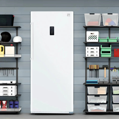 Built Tough 17 Cubic Foot Upright Convertible Fridge And Freezer With Auto Defrost in garage with adjustable shelves and storage.