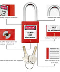 Lockout Tagout Kit With Clamp On Circuit Breaker Locks, Group Lockout Hasps, Safety Tags, Universal Multi Pole Breaker Lockout, And Portable Steel Tool Box For OSHA Compliant Lockout Procedures, showing red lock with keys and features.