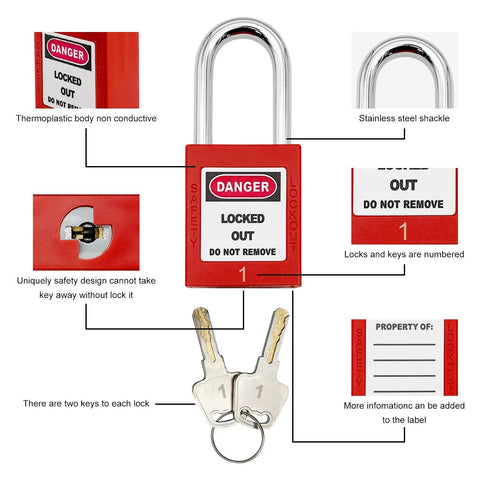 Lockout Tagout Kit With Clamp On Circuit Breaker Locks, Group Lockout Hasps, Safety Tags, Universal Multi Pole Breaker Lockout, And Portable Steel Tool Box For OSHA Compliant Lockout Procedures, showing red lock with keys and features.