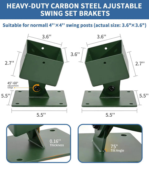 Sturdy Adjustable Swing Set Brackets Kit With Mounting Hardware For 4x4 Wood Posts Fits Actual 3.6x3.6 Inches 4 Pack Base For Backyard Playset Green Upgrade