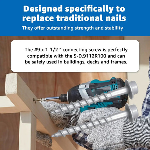 Heavy Duty Joist Hanger Screws Size Nine By One Point Five Inch Structural Fasteners used with a power tool for wood framing.