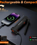Six Pack Magnetic LED Work Lights With 360 Degree Rotating Heads recharging via USB-C alongside a smartphone on a table