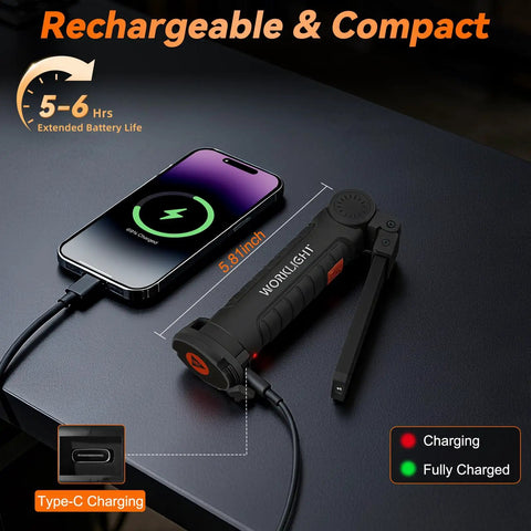 Six Pack Magnetic LED Work Lights With 360 Degree Rotating Heads recharging via USB-C alongside a smartphone on a table