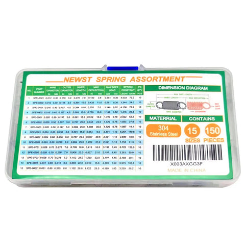 Must Have Small Extension Springs Assortment Kit 150 Piece Set With 15 Different Sizes In Stainless Steel 304 labeled box