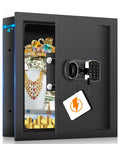 Open 17.71 Inch Fireproof Hidden Wall Safe with Numeric Keypad and jewelry, cash, and valuables inside, for home or office