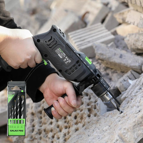 Beast Corded Hammer Drill With 4.5 Amp Motor 0 To 3000 RPM 1/2 Inch Keyed Metal Chuck in use on concrete with bit set shown
