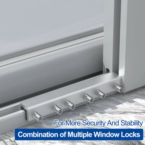 8 Sets Sliding Window Locks With Aluminum Security Door Window Stoppers installed on a horizontal window frame close-up view