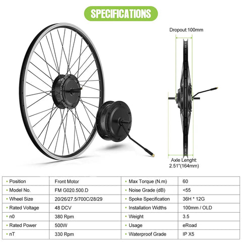 Front Hub Electric Bike Conversion Kit 48V 500W For 26 Inch And 700C Wheels With LCD Display Four Riding Modes Easy Install Optional Battery Turn Your Regular Bike Into A Zippy E Bike, showcasing front motor specifications and wheel design.