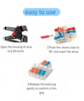 Lever Wire Connectors Kit installation steps showing tool-free quick push-in splice connectors for 28-12 AWG lighting fixtures.