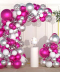 Hot Pink And Silver Balloon Garland Arch Kit With Confetti Balloons For Weddings, Anniversary, Bachelorette Party, Birthday And Christmas Decor, Featuring Fuchsia Pink, Metallic Rose Red, White And Chrome Silver Balloons For A Party Ready Vibe