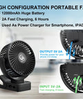 Portable Clip On Fan With Remote And Timer And LED Lights, 12000mAh USB Rechargeable Battery with fast charging display